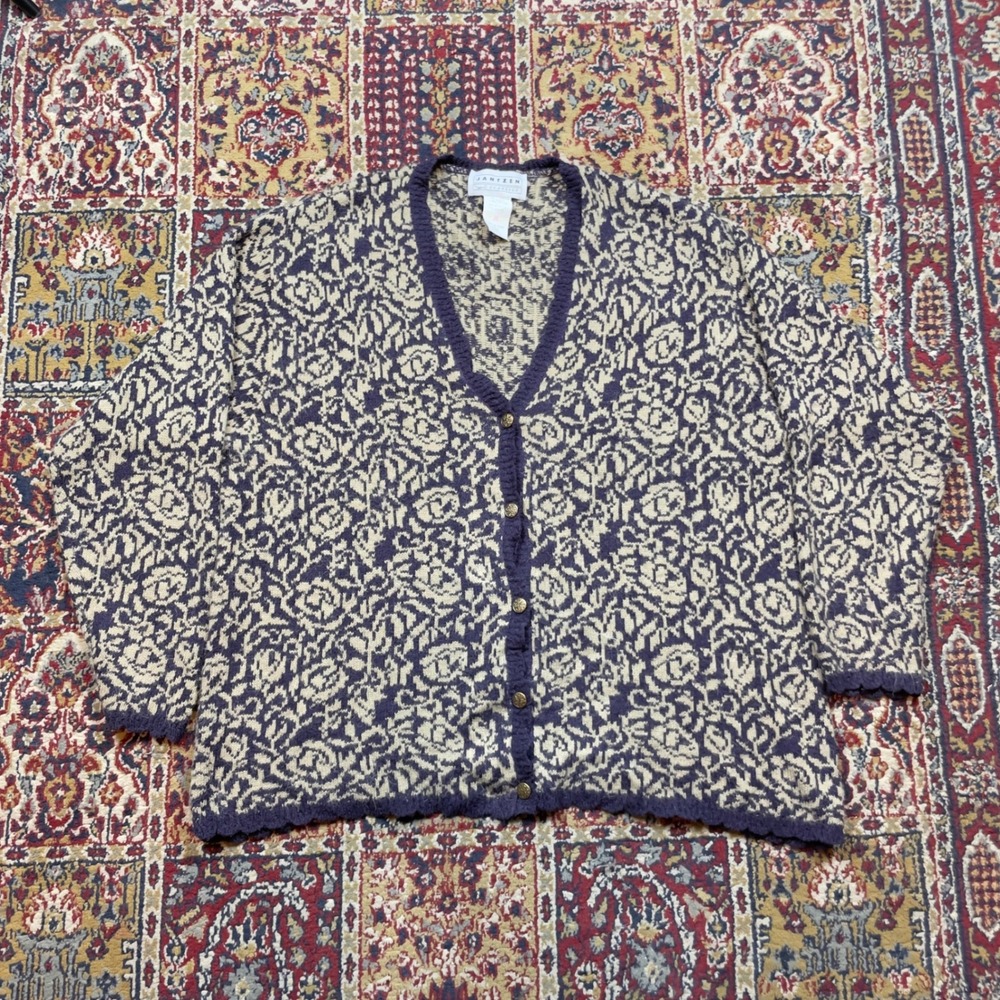 VTG 80s 90s Jantzen Classics Floral Paisley Knit Cardigan Sweater Purple XL‎